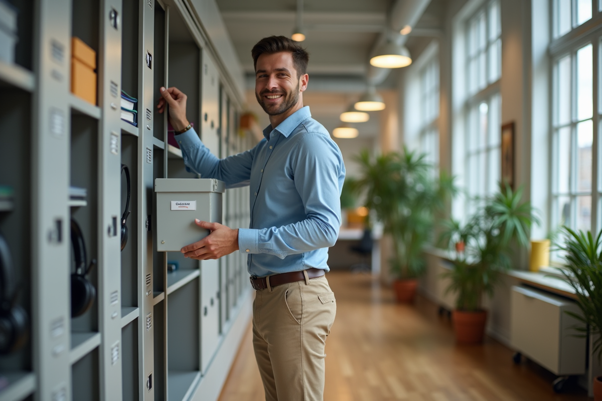 Jeune homme rangeant son casier au travail