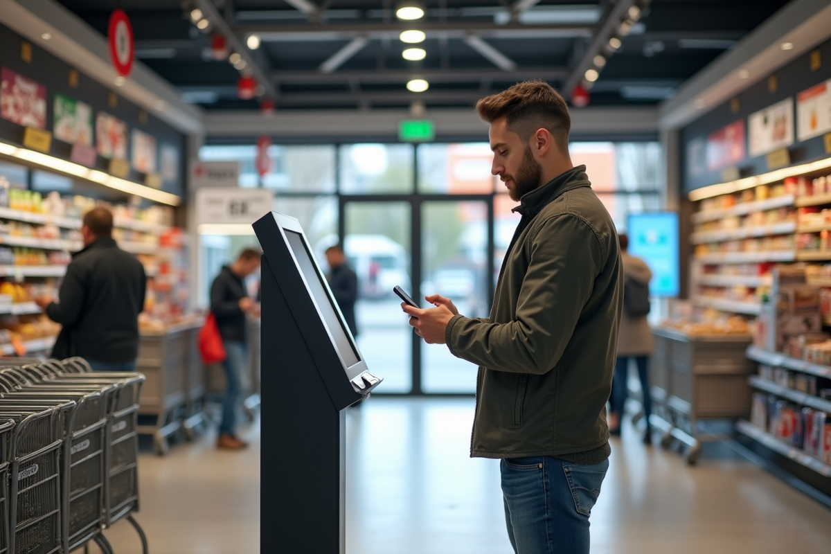Jeune homme utilisant smartphone pour scanner au supermarche
