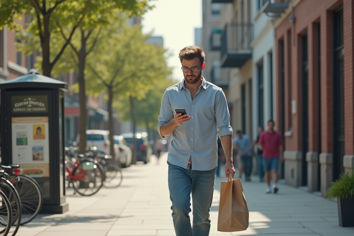 Jeune homme marchant en ville en utilisant une application mobile