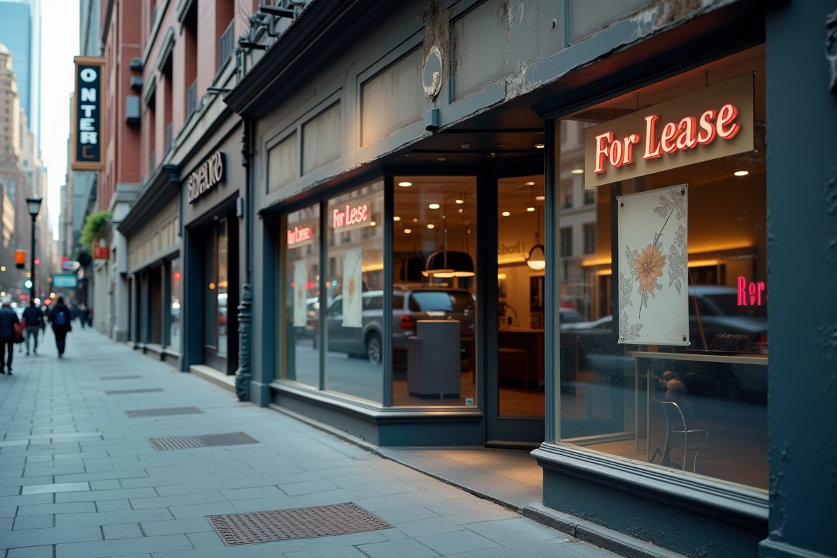 Magasin abandonné avec panneaux de location dans une rue urbaine