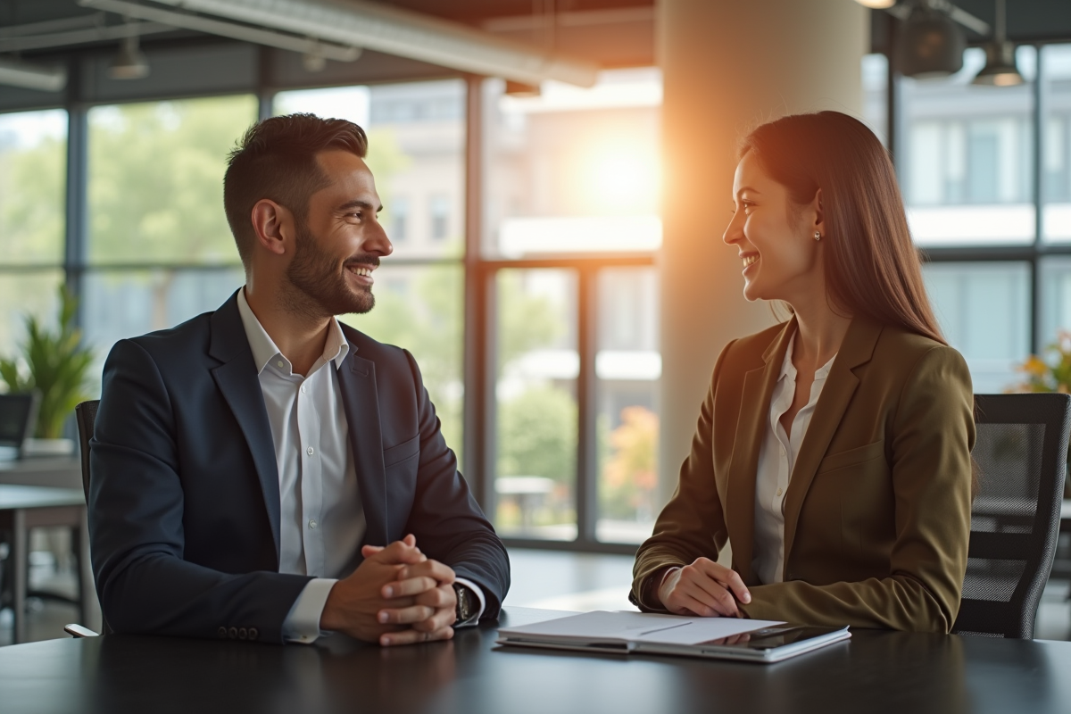 Manager en entretien individuel dans un bureau lumineux