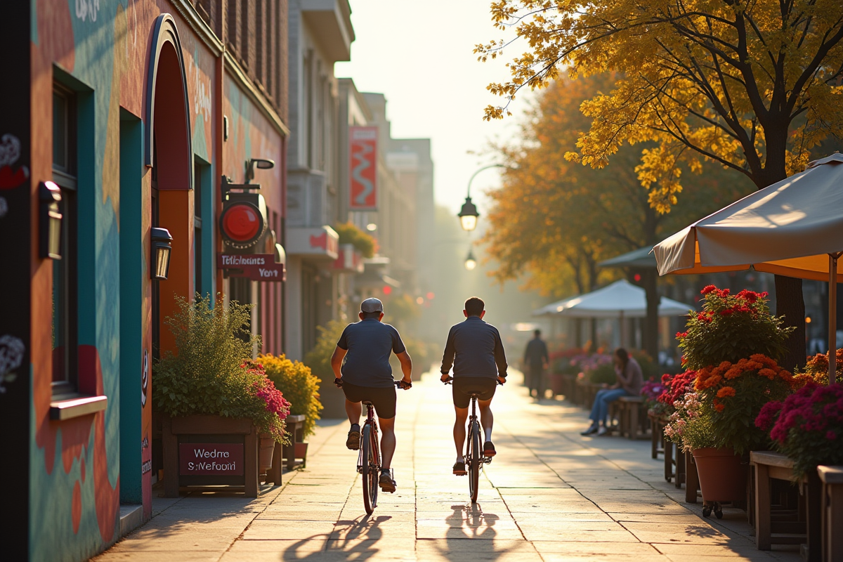 Scène matinale avec cyclistes et fresques colorées