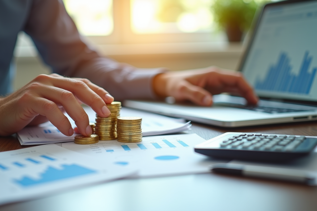 Mains empilant des pièces d or et une calculatrice sur des formulaires fiscaux