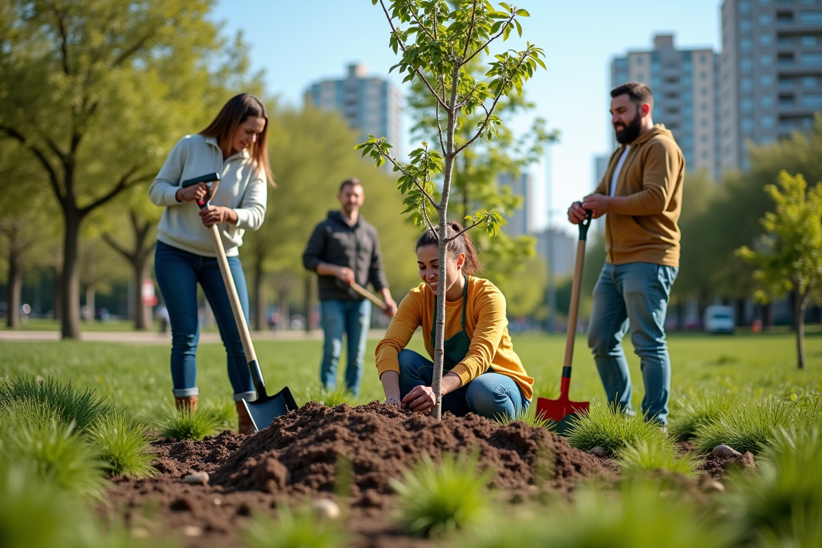 Équipe de bénévoles plantant des arbres dans un parc urbain en plein jour