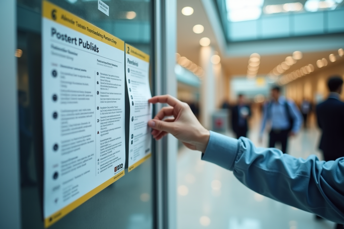 Main plaçant une affiche sur un panneau d