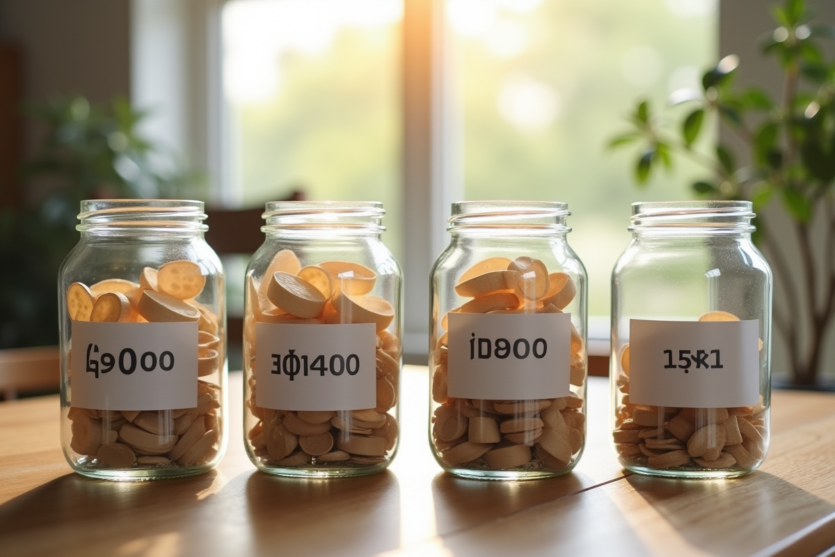 Quatre pots avec notes sur la generation de leads sur une table en bois