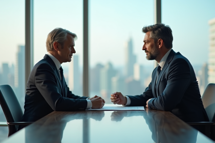 Deux professionnels en réunion de fusion dans un bureau moderne