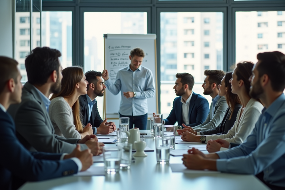 Groupe de dirigeants en réunion avec un coach lors d