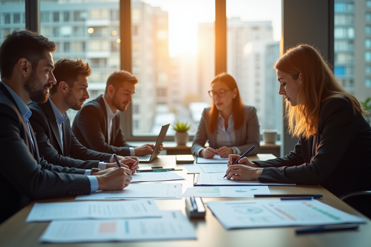 Professionnels en réunion dans une salle lumineuse examinant des documents