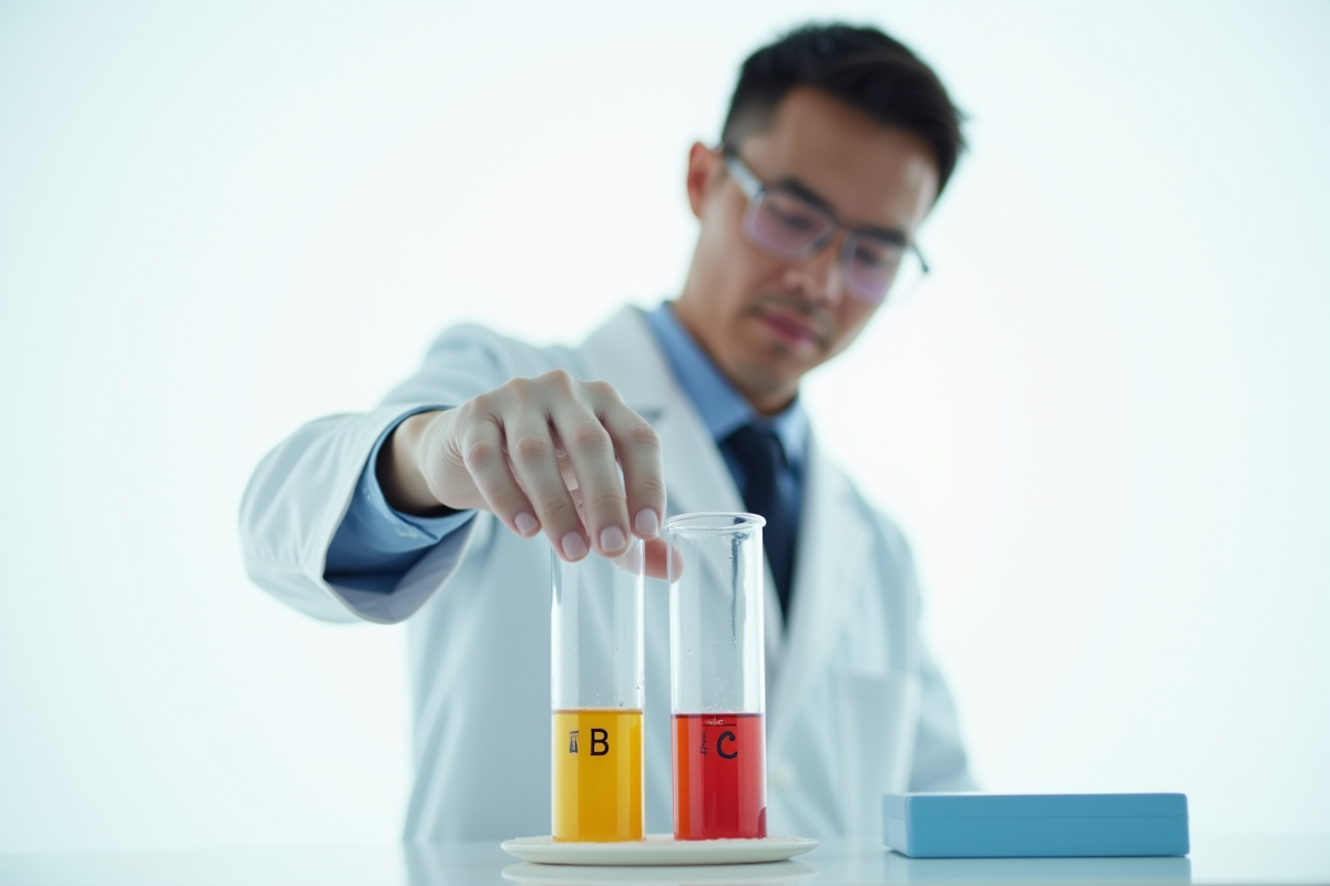 Un scientifique vérifiant deux contenants avec substances colorées