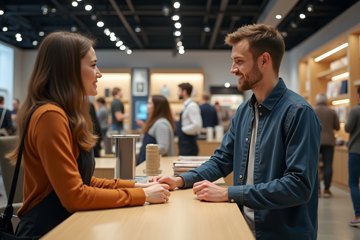 Vendeur aidant un client dans un magasin bien organisé